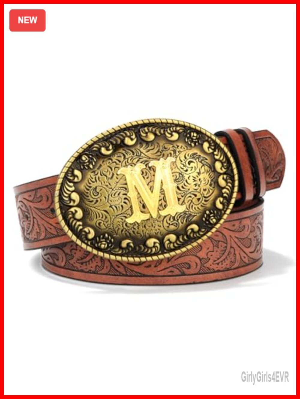 Vintage Western PU Leather Belt with Ornate Initial Buckle